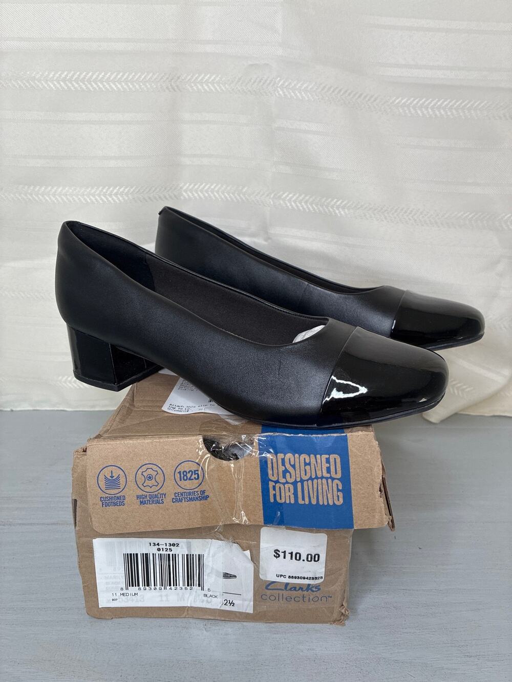 Clarks Marilyn Sara Cap Toe Block Heel Pumps Black Womens Size 11M
